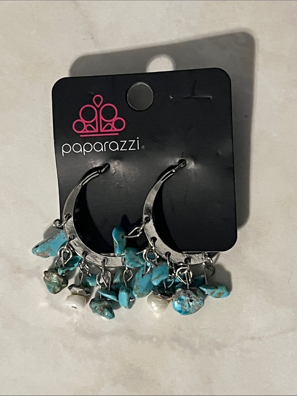 Paparazzi Turquoise Chip and Pearl Hoop Earrings - Silver